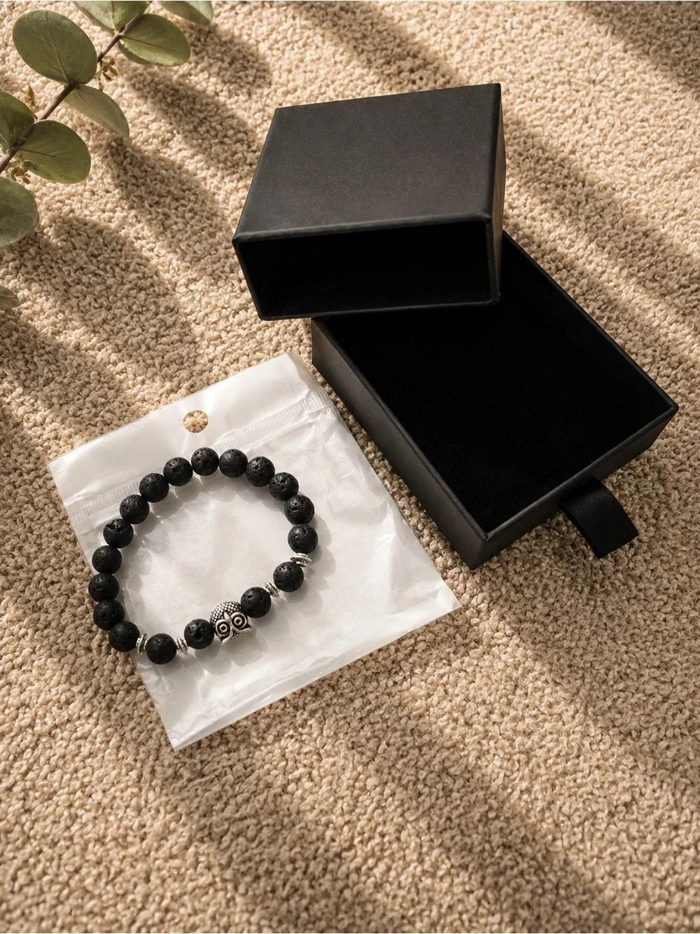 Men's Black Lava Stone Beaded Bracelet with Silver Accent